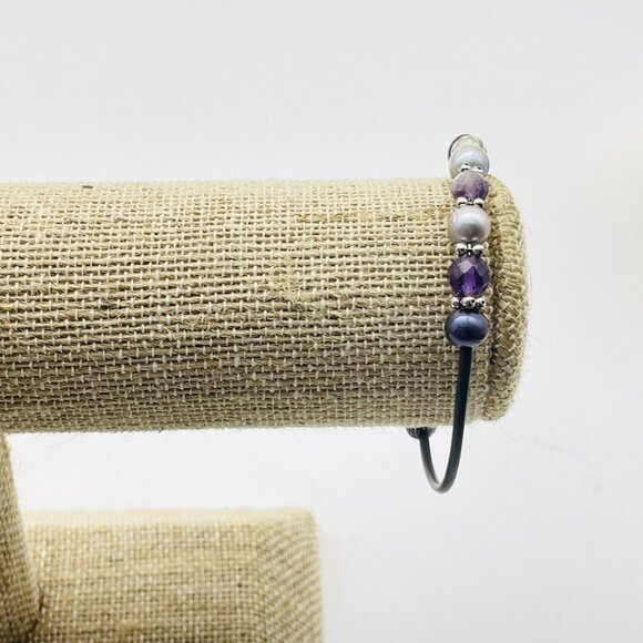 Beaded Memory Wire Bracelet Purple Beads Faux Pearls Modern Fashion Jewelry - Picture 4 of 6